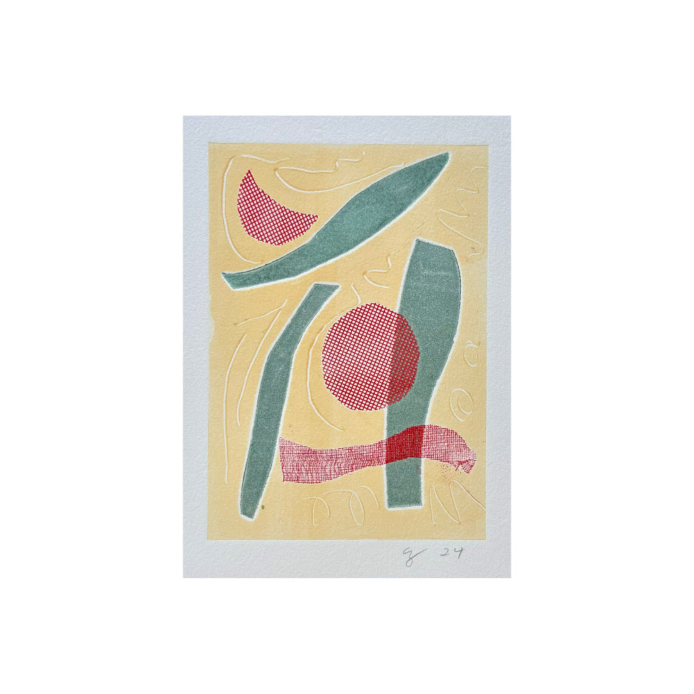 Abstract artwork with geometric shapes on a beige background
