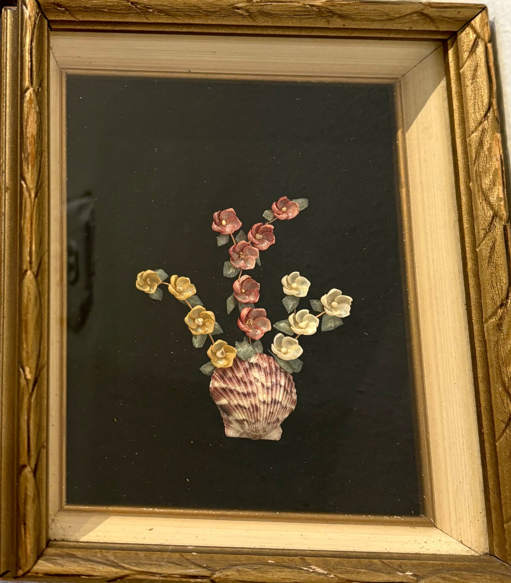 Vintage | Framed Gold Shadowbox Tiny Shells Flower Bouquet