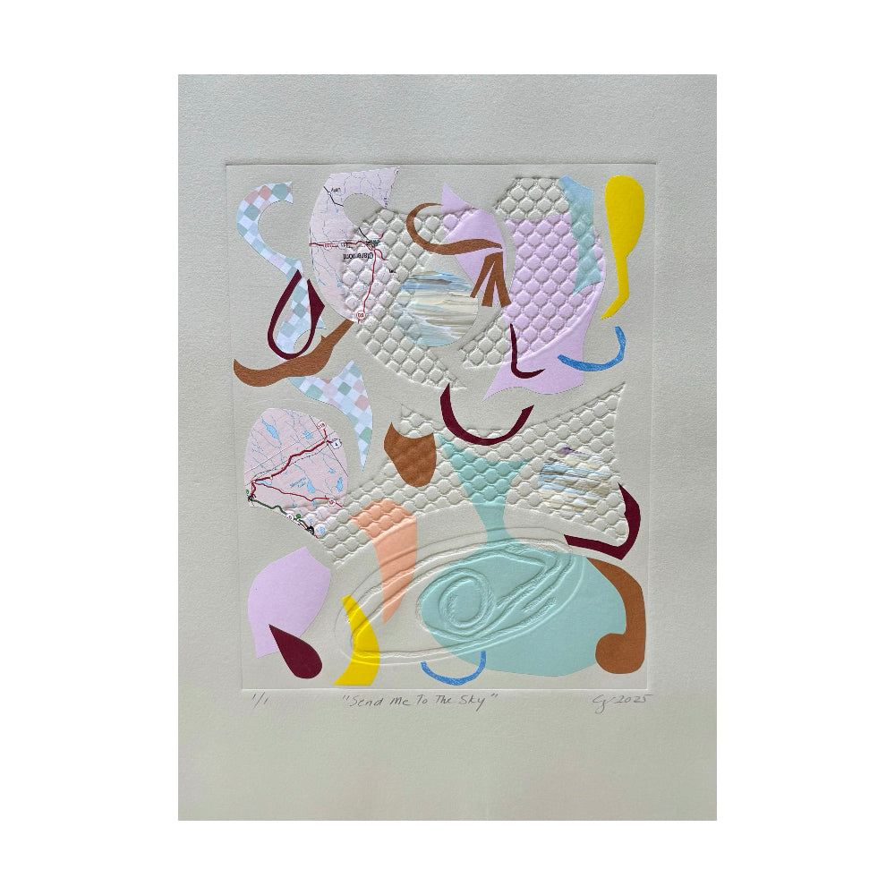 Abstract printmaking art print with colorful shapes on a light gray background