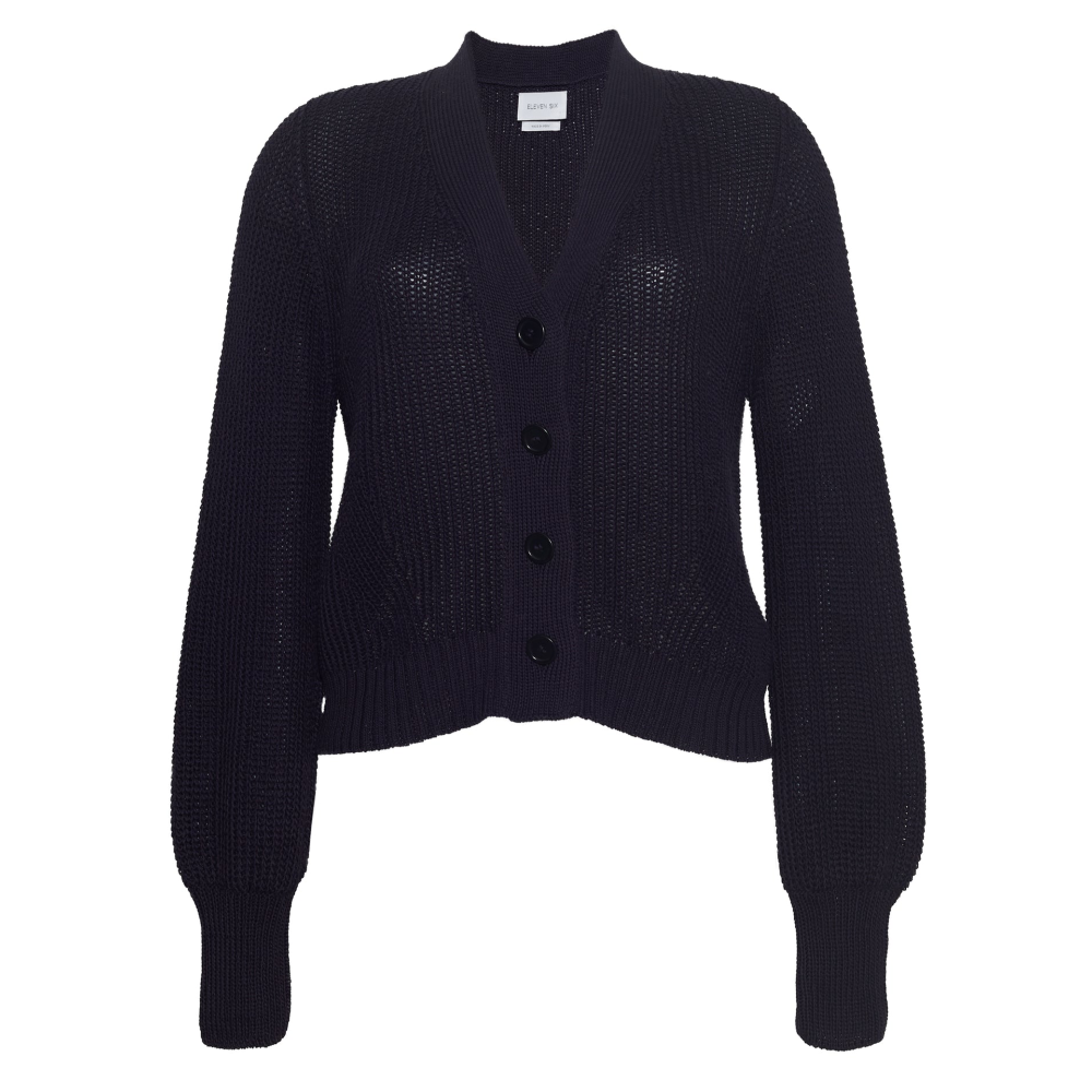 Navy knit cardigan on a white background