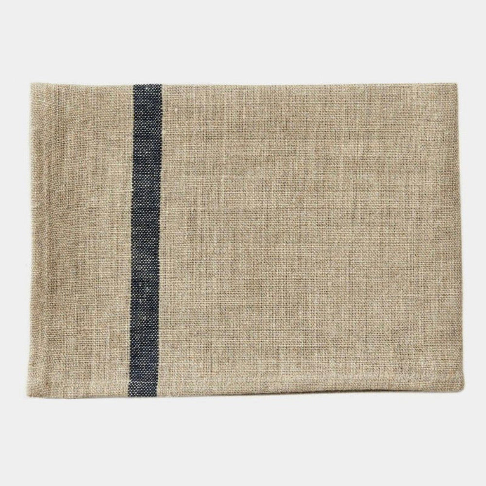 Textured rectangular kitchen towel with a dark blue stripe on a white background