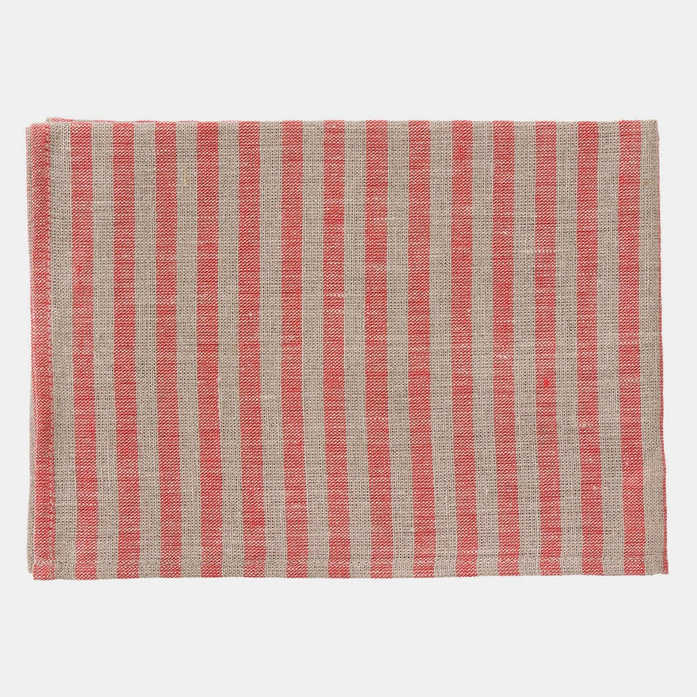 Kitchen towel with red and natural stripes on a white background