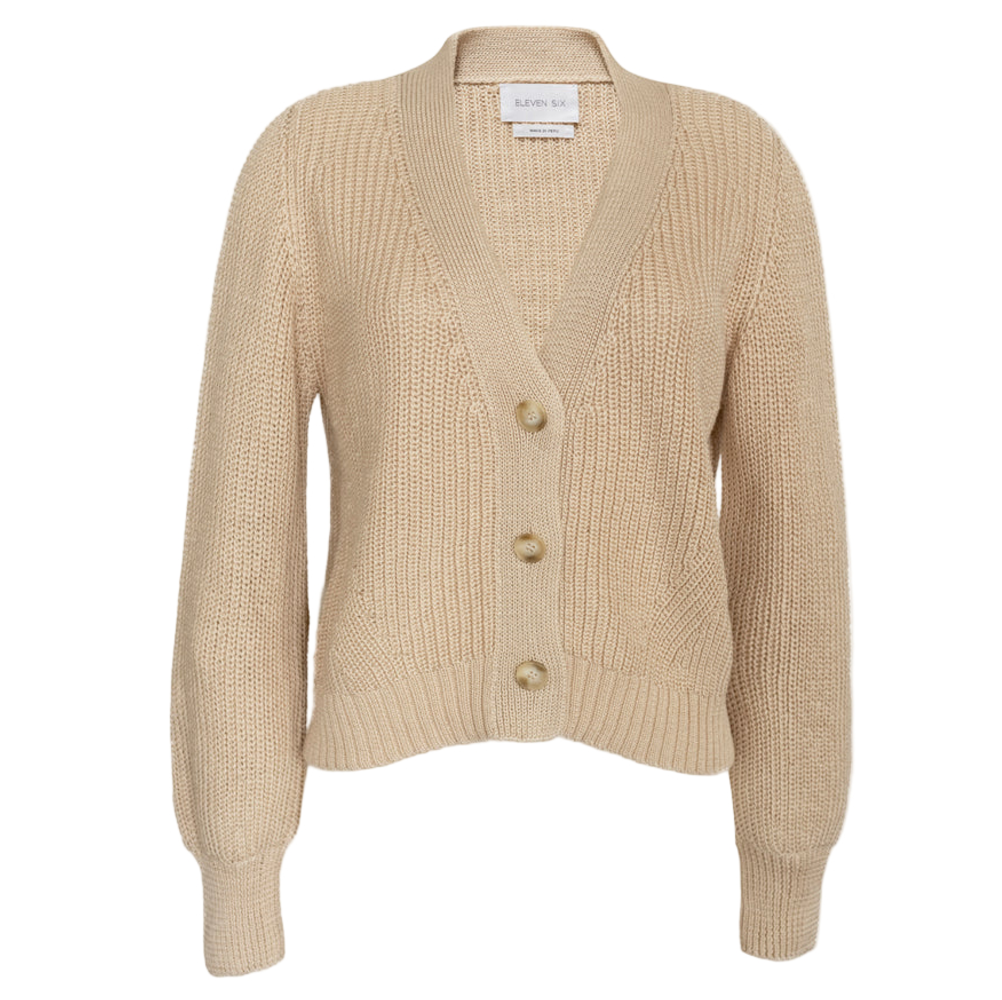 Beige cardigan with button details on a white background