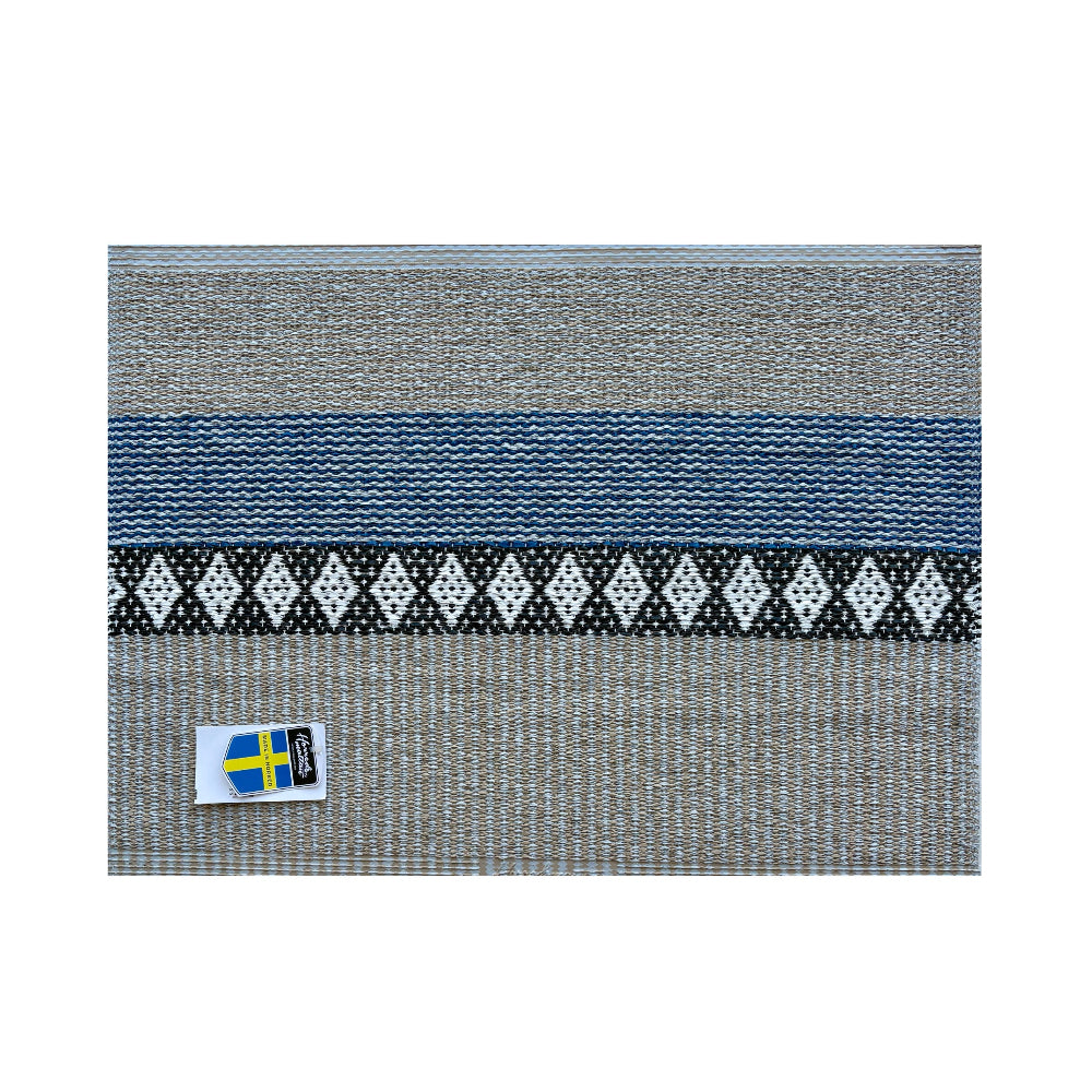 Textile product with blue and white pattern on a gray background