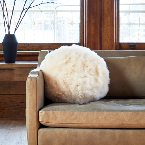 Alpaca throw pillow on a brown leather sofa