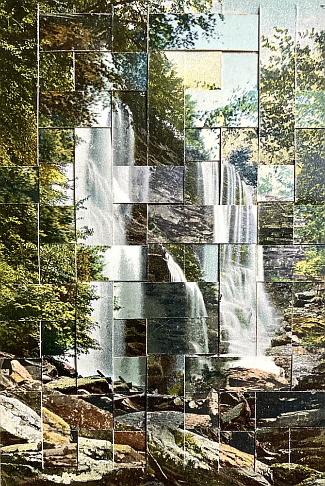 Collage of a waterfall surrounded by trees and rocks