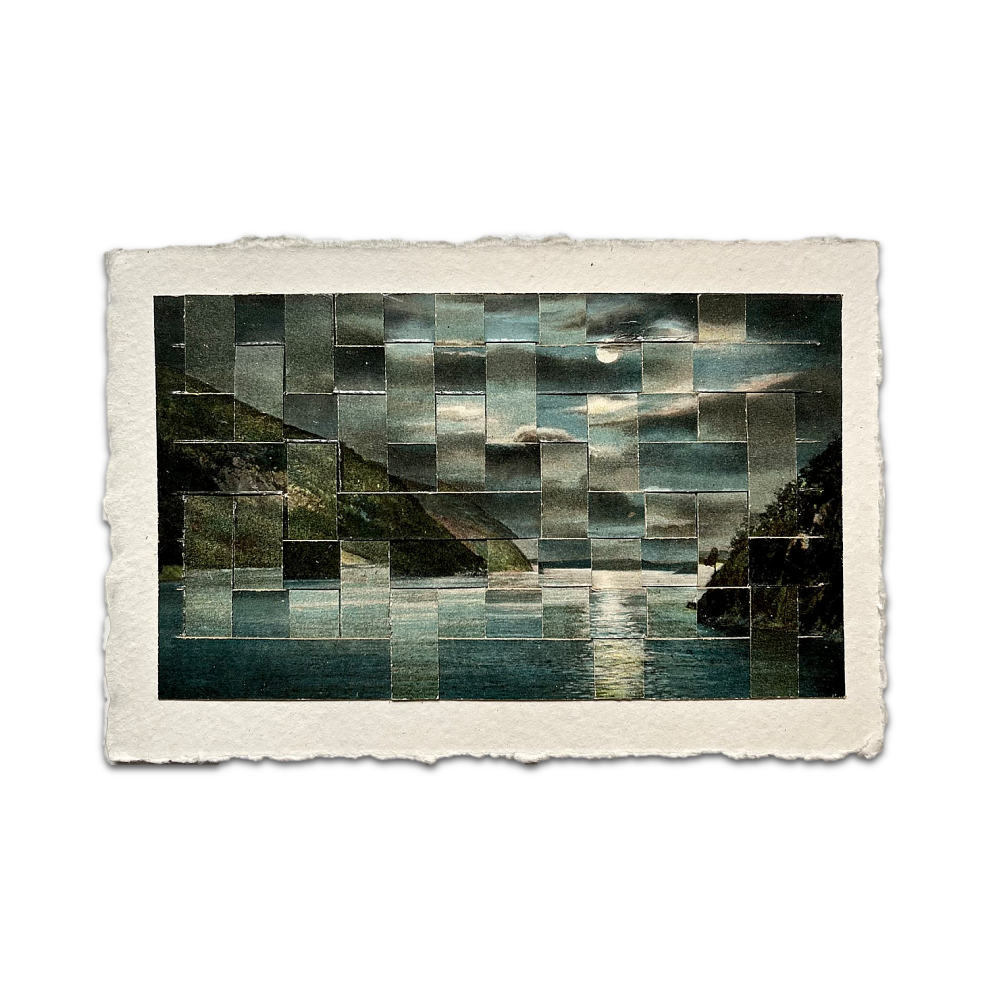 Artistic collage of a landscape with geometric patterns on a textured white background