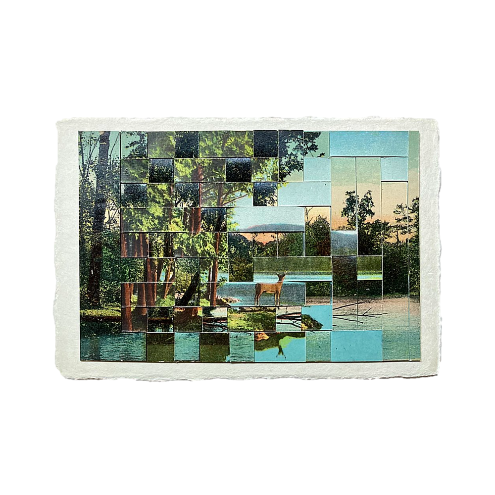 Mosaic art piece with nature-themed images on a white background