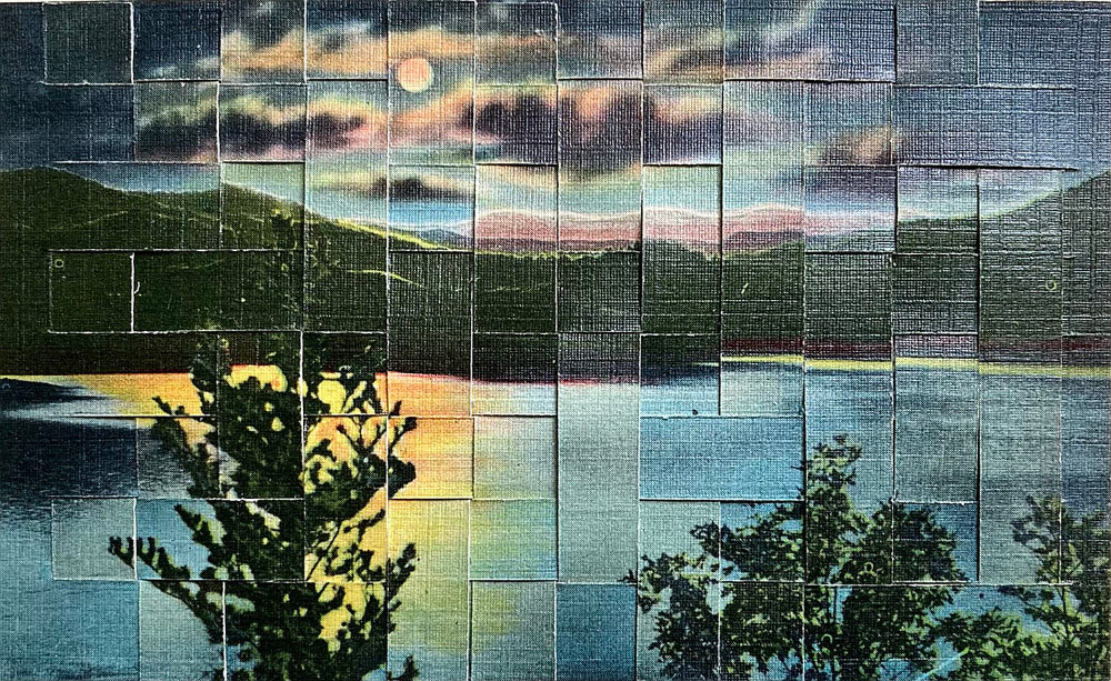Collage of a mountain landscape with trees and a moonlit sky.