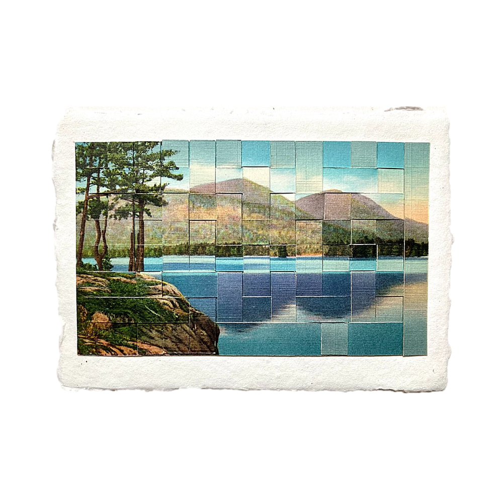 Mosaic art piece of a scenic landscape with trees and mountains on a white background