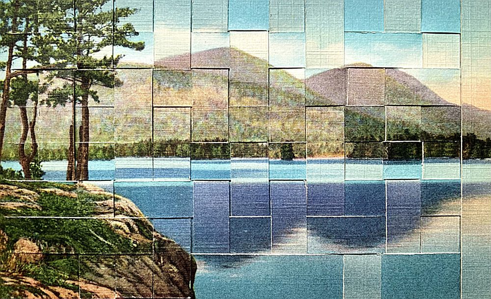 Mosaic of a landscape with trees, water, and mountains.