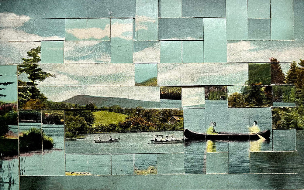Collage of a lake scene with boats and trees, divided into square tiles.