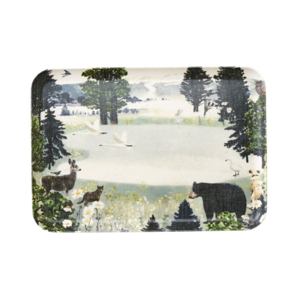 Rectangular tray with nature-themed design featuring trees, animals, and a landscape.