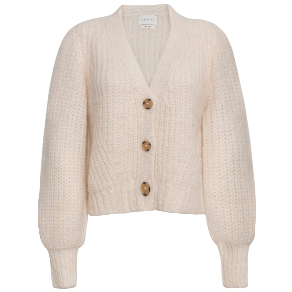 Beige knitted cardigan with wooden buttons on a white background