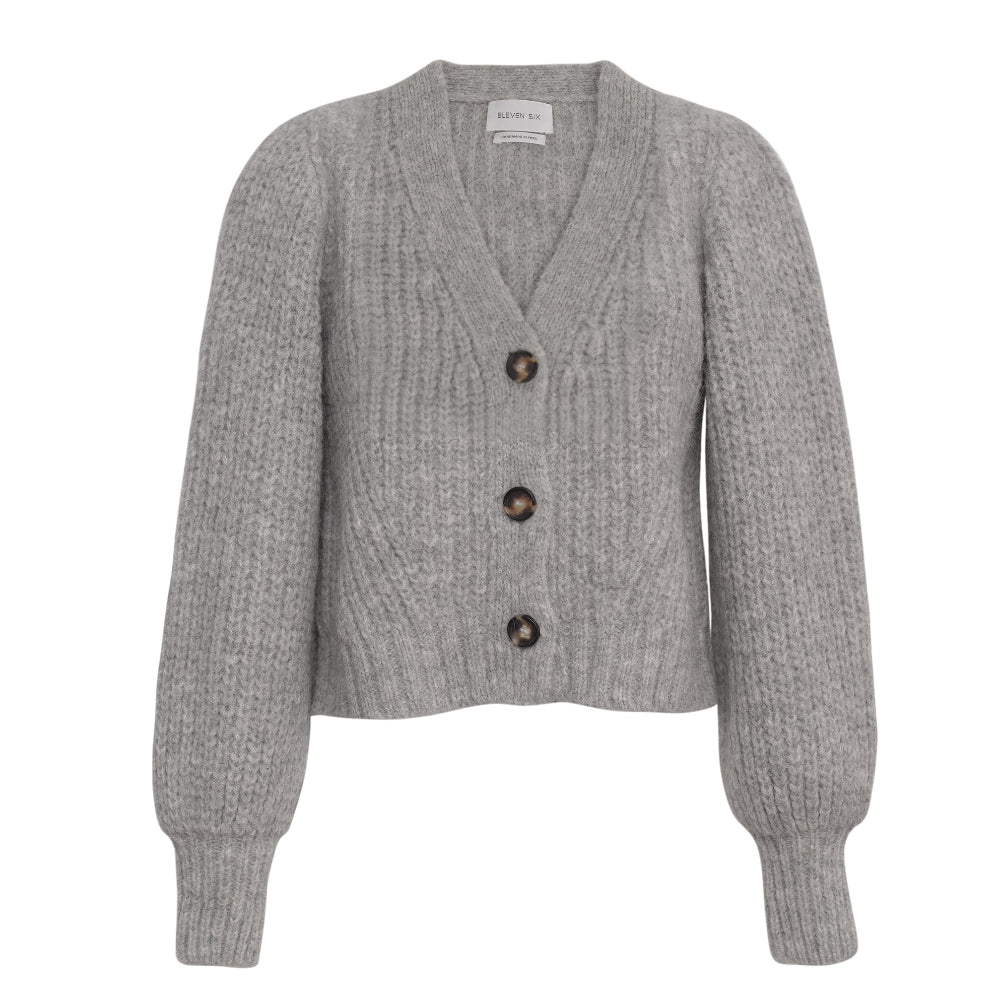 Gray knitted cardigan with buttons on a white background