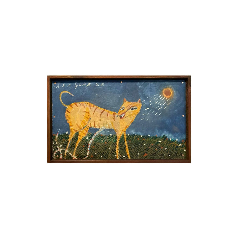 A framed folk art print depicting a yellow-orange tabby cat under a starry night sky with a bright sun, set against a plain white background.