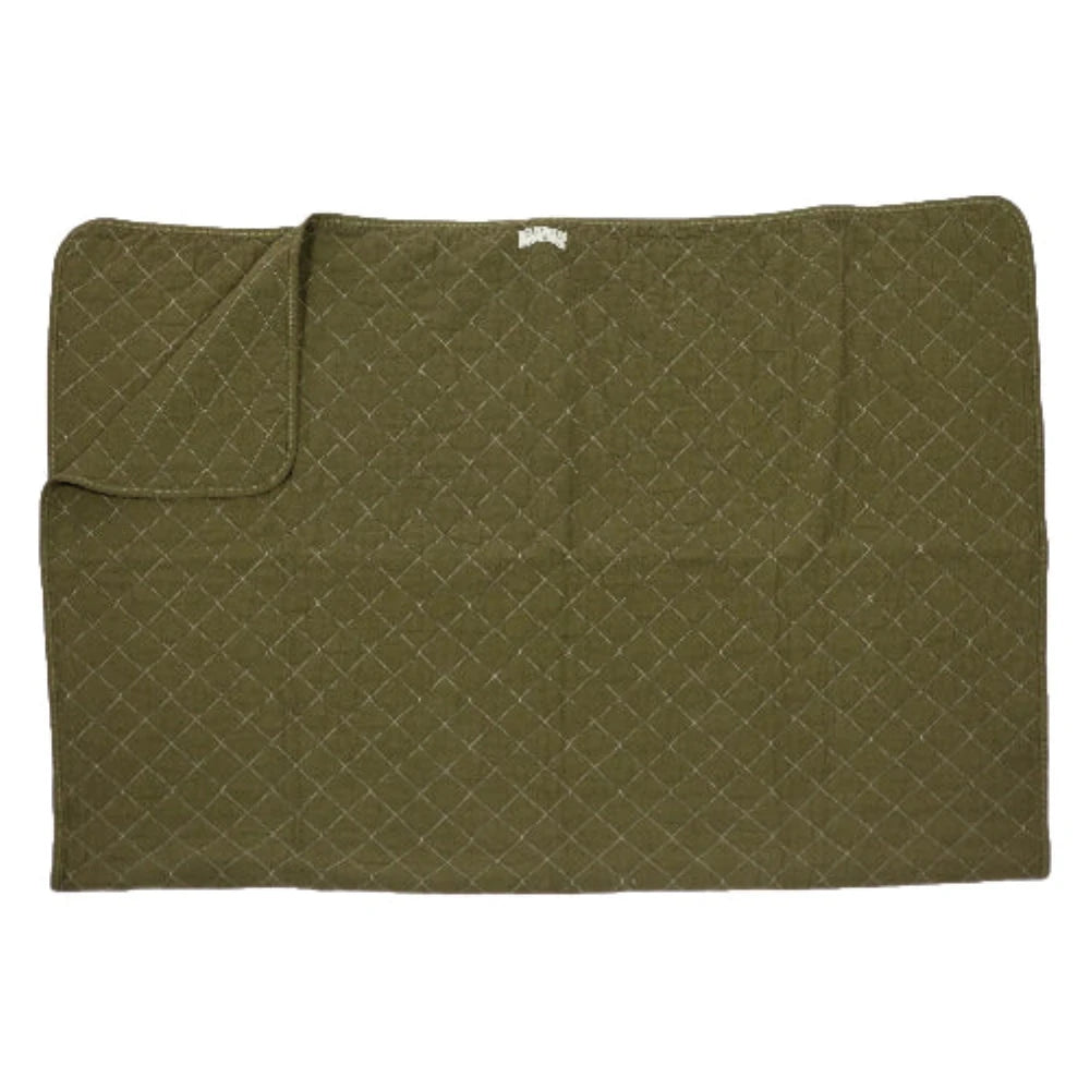 Green quilted blanket on a white background