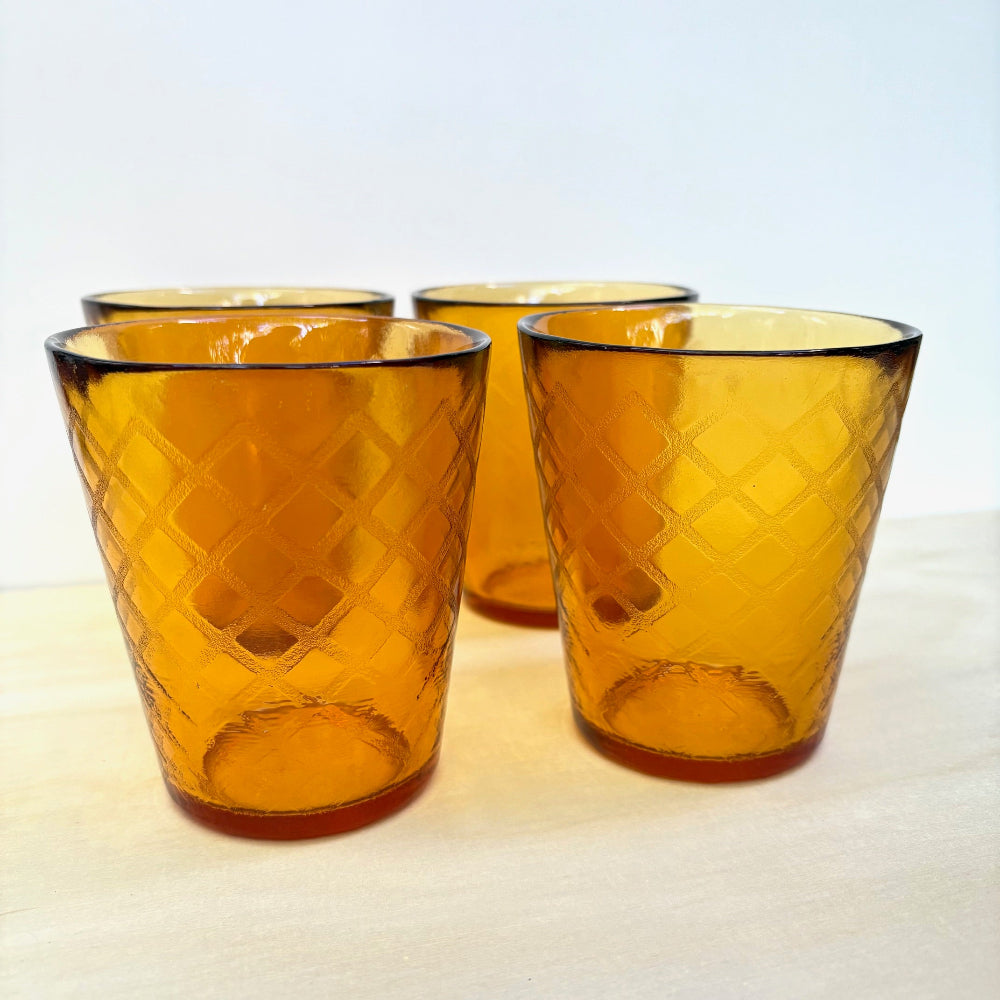Vintage | Amber Textured Waffle Diamond Weave Rocks Glasses