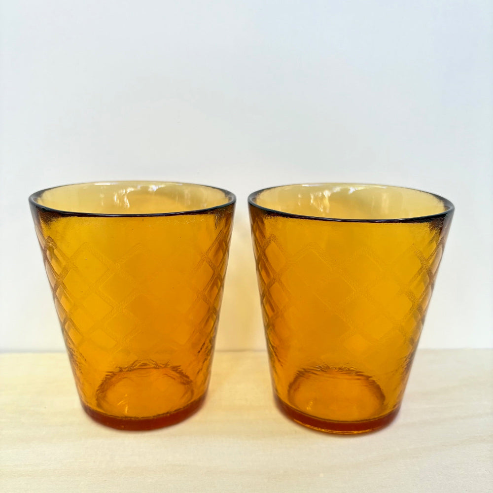 Vintage | Amber Textured Waffle Diamond Weave Rocks Glasses