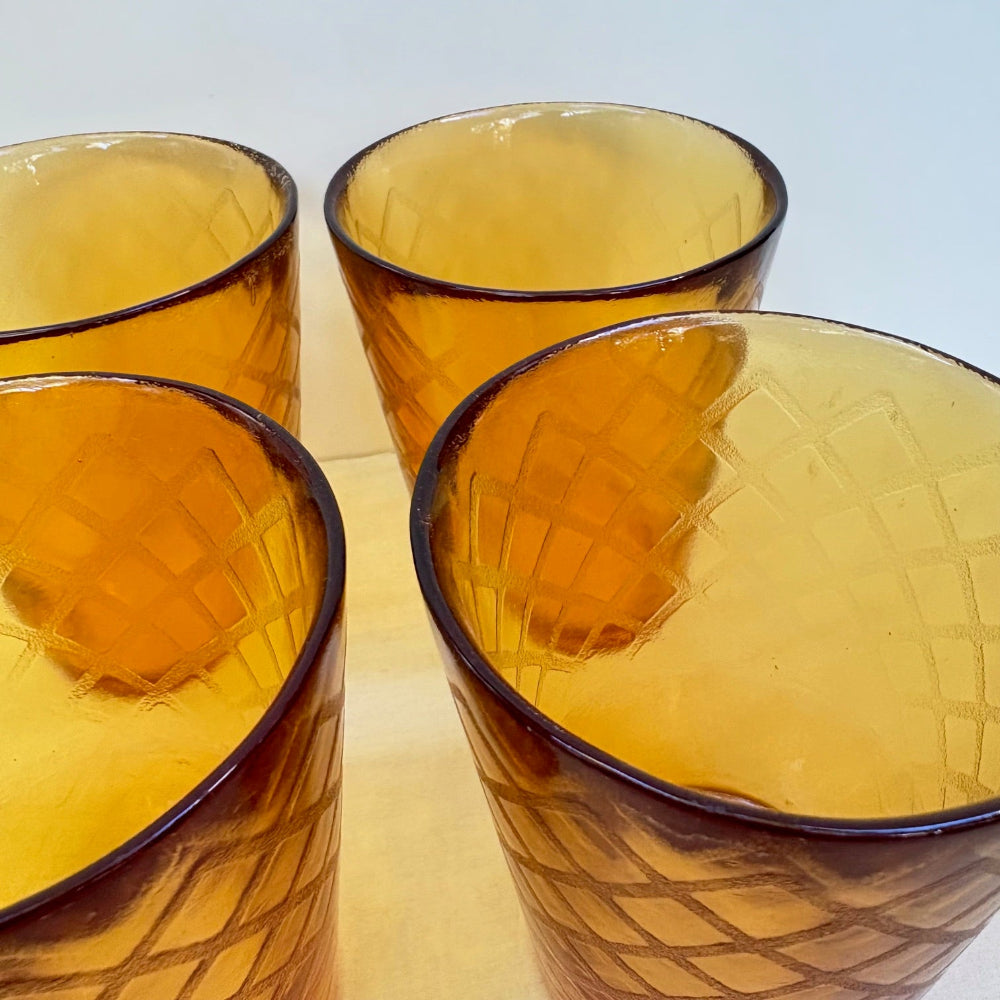 Vintage | Amber Textured Waffle Diamond Weave Rocks Glasses
