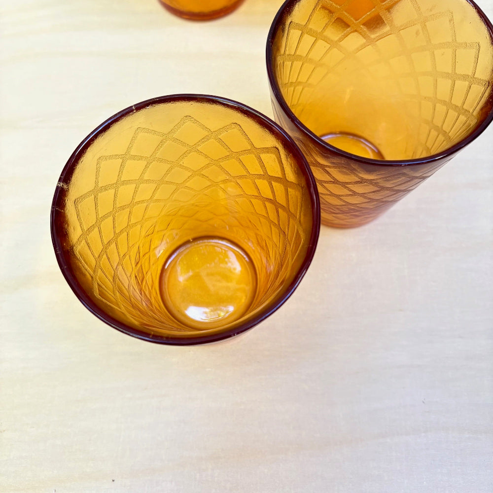 Vintage | Amber Textured Waffle Diamond Weave Rocks Glasses