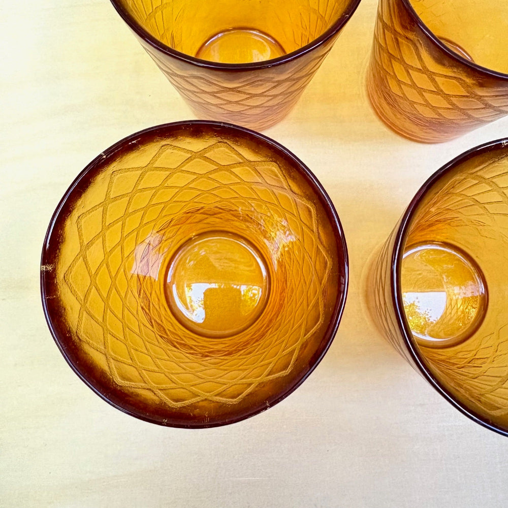 Vintage | Amber Textured Waffle Diamond Weave Rocks Glasses