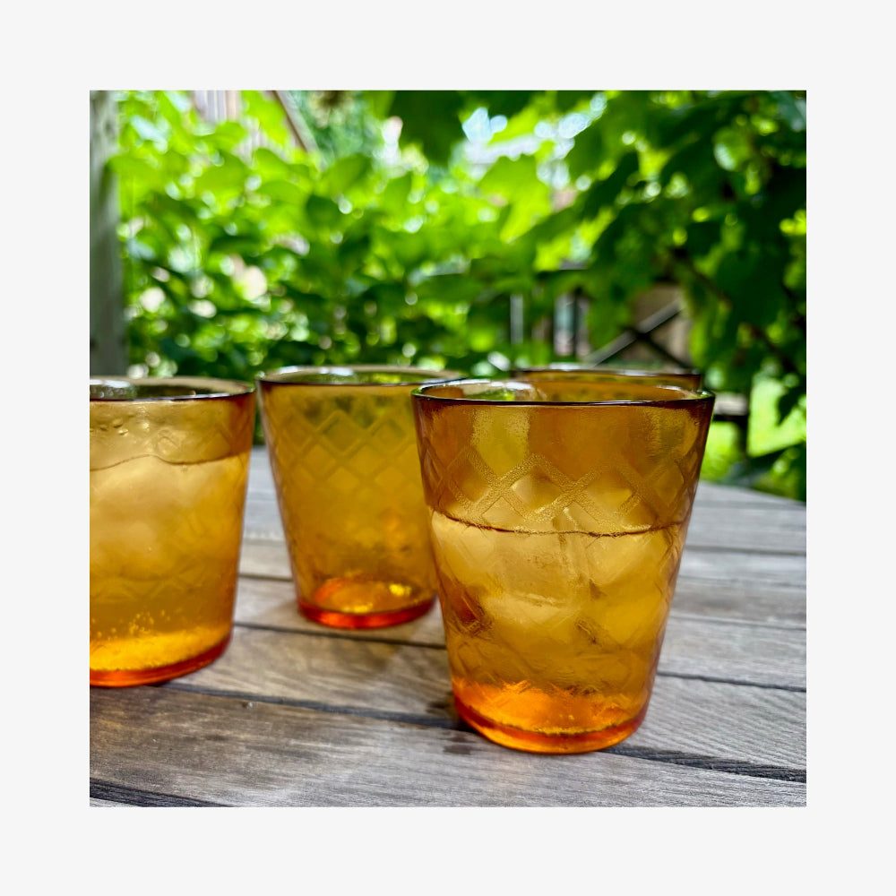 Vintage | Amber Textured Waffle Diamond Weave Rocks Glasses