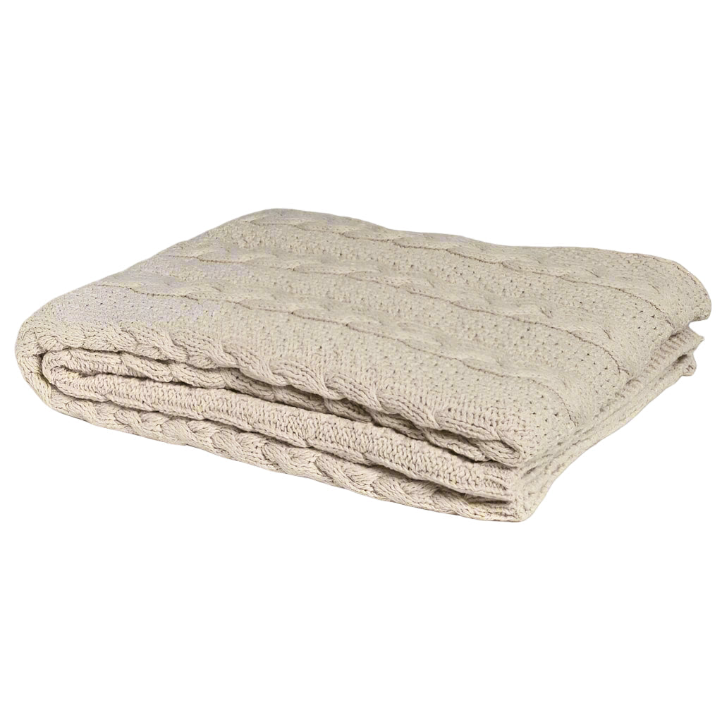 Folded beige cable knit blanket on a light gray background