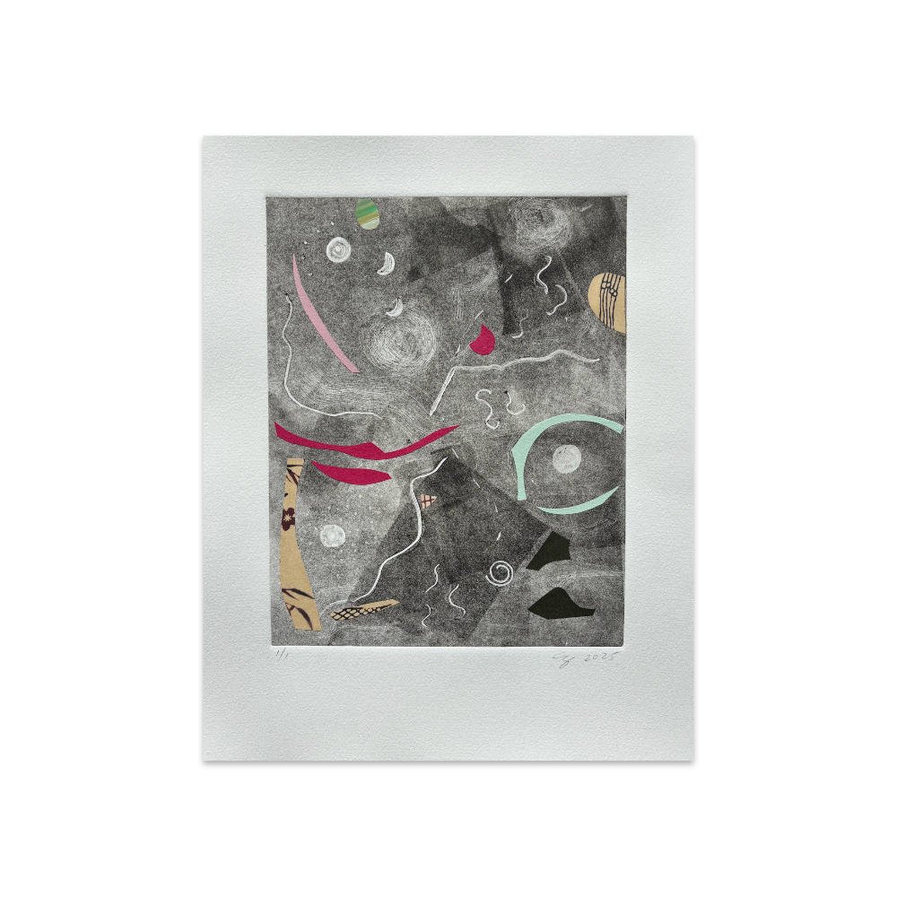 Framed abstract artwork with geometric shapes on a white background
