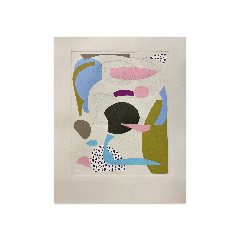 Abstract art print with colorful shapes on a beige background