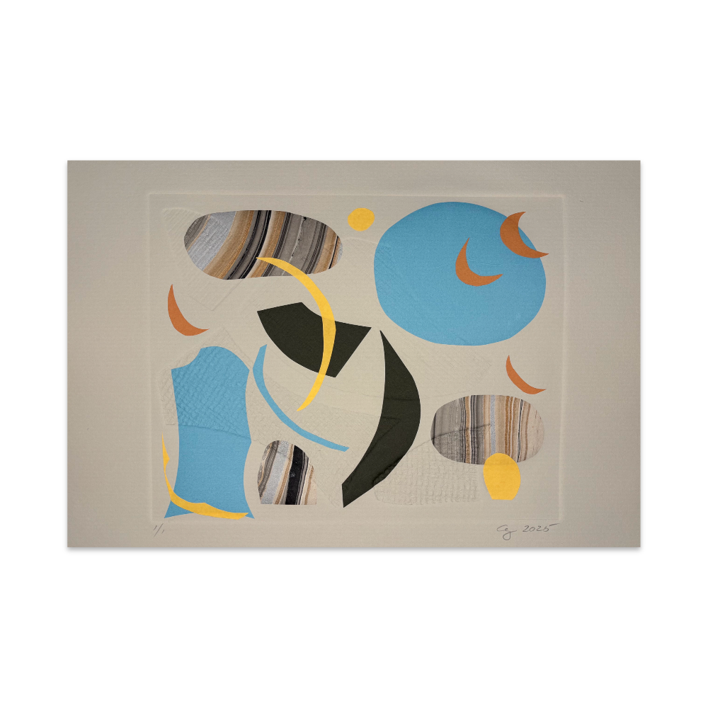 Abstract artwork with geometric shapes on a beige background
