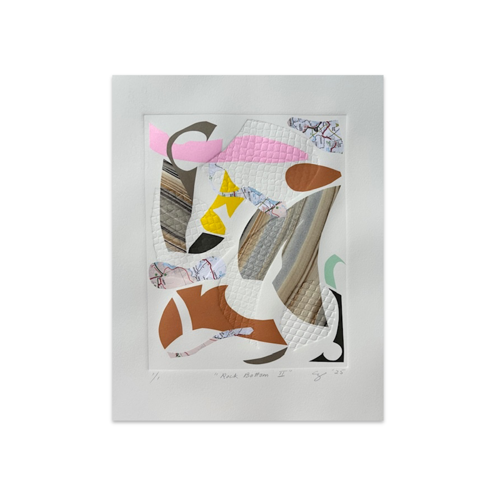 Framed abstract artwork with colorful shapes on a white background