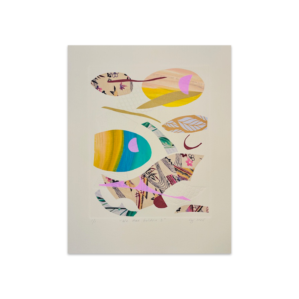 Colorful abstract art print on a beige background