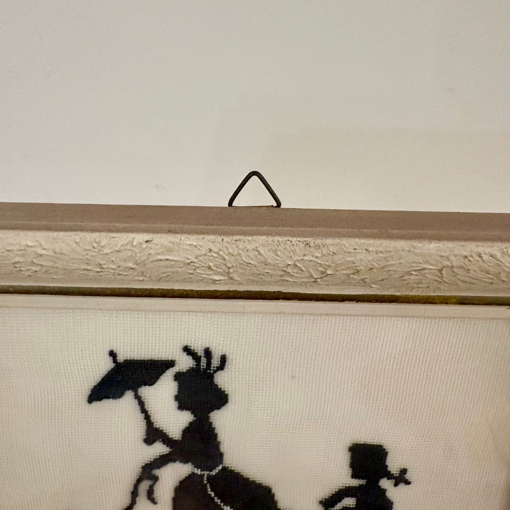 Vintage | Framed Needlepoint Silhouette Victorian Lady Walking Dog