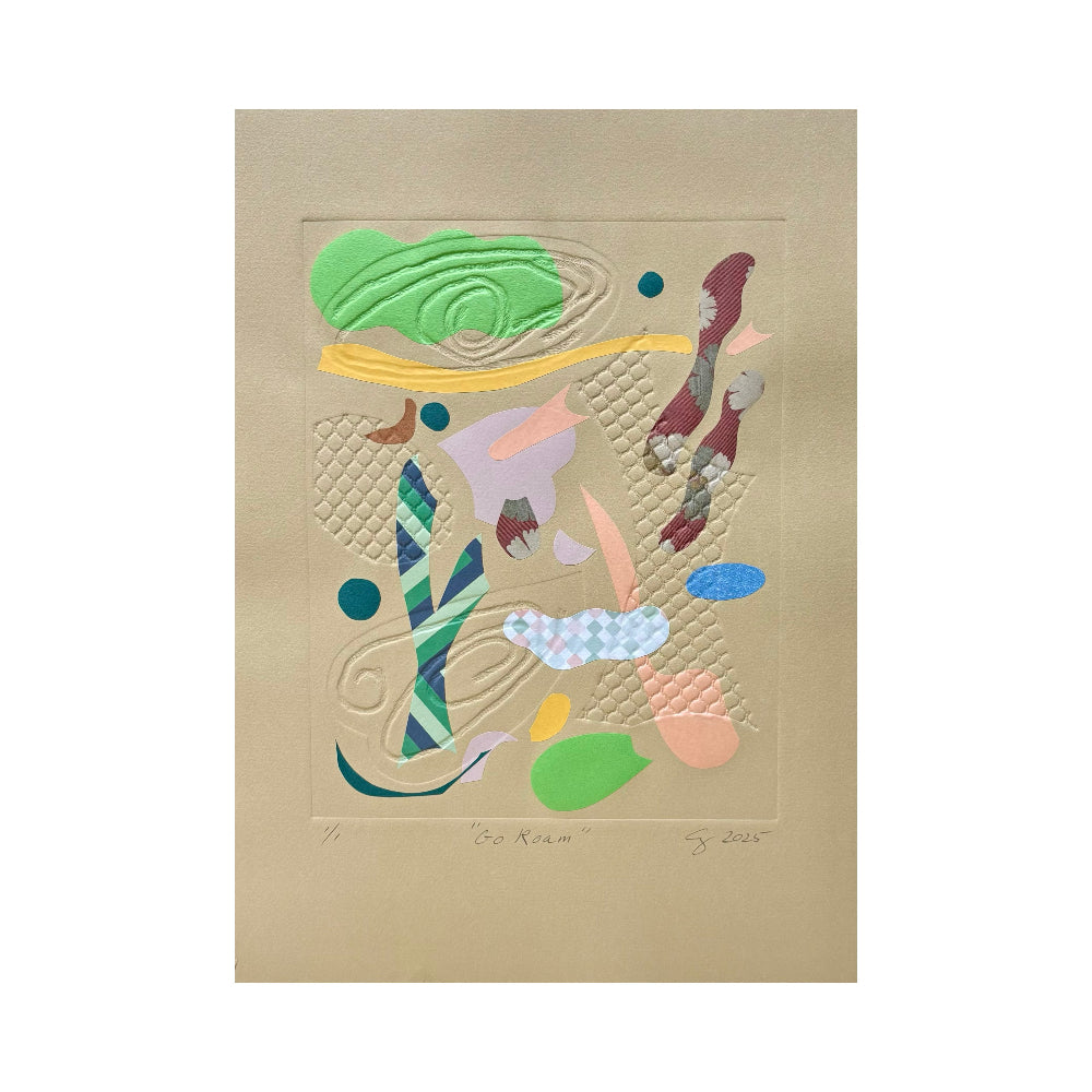 Abstract printmaking collage artwork with colorful shapes on a beige background