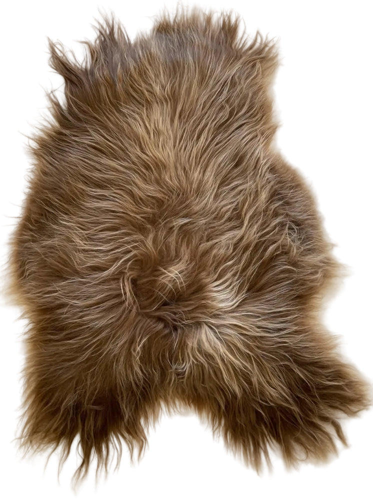 A brown and beige shaggy fur rug or throw laid flat 