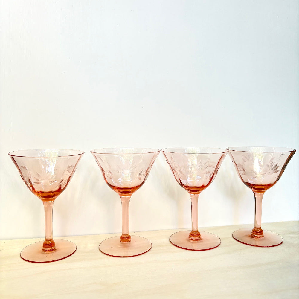 Vintage | Etched Flower Pink Depression Cocktail Glasses