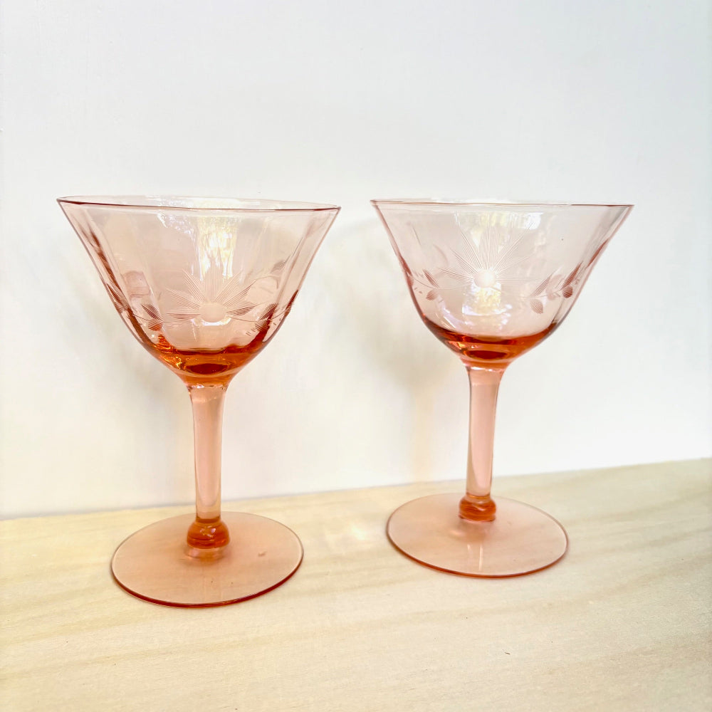 Vintage | Etched Flower Pink Depression Cocktail Glasses