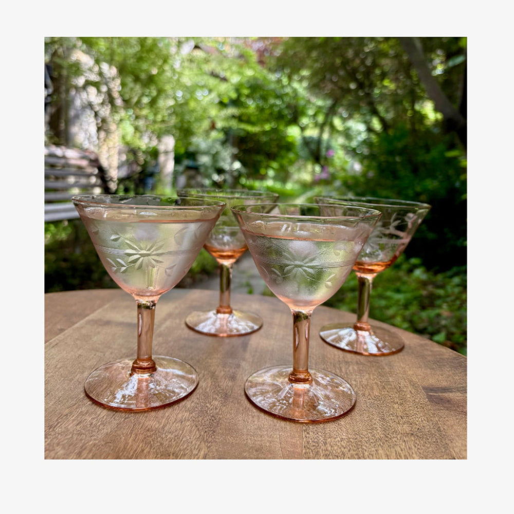 Vintage | Etched Flower Pink Depression Cocktail Glasses