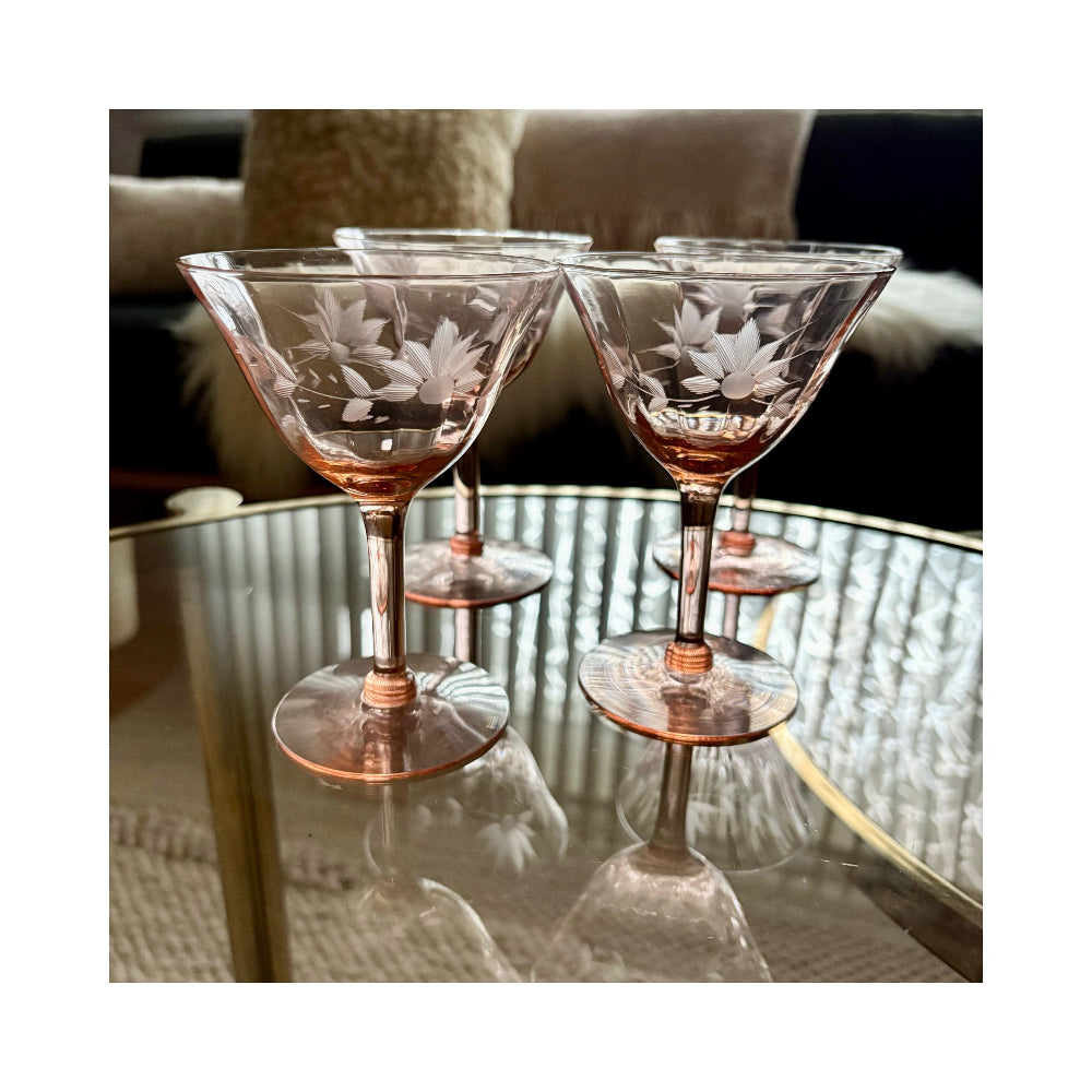 Vintage | Etched Flower Pink Depression Cocktail Glasses
