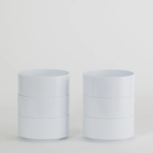 Three white Hellerware Max Bowls stacked on each other, against a white background.