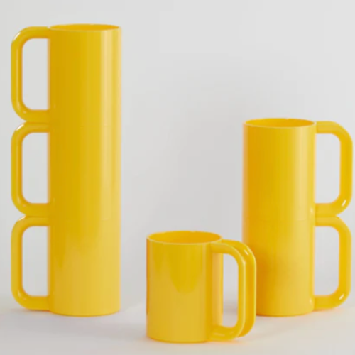 Yellow Hellerware Max Mugs on a white background.