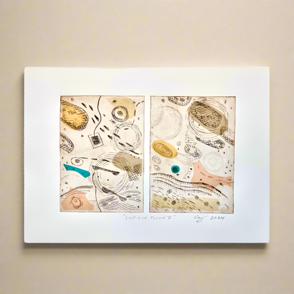Two abstract artworks side by side on a light beige background