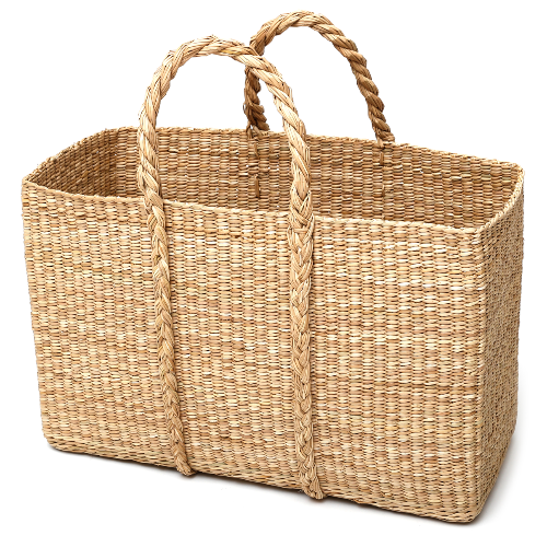 Woven basket with handles on a white background