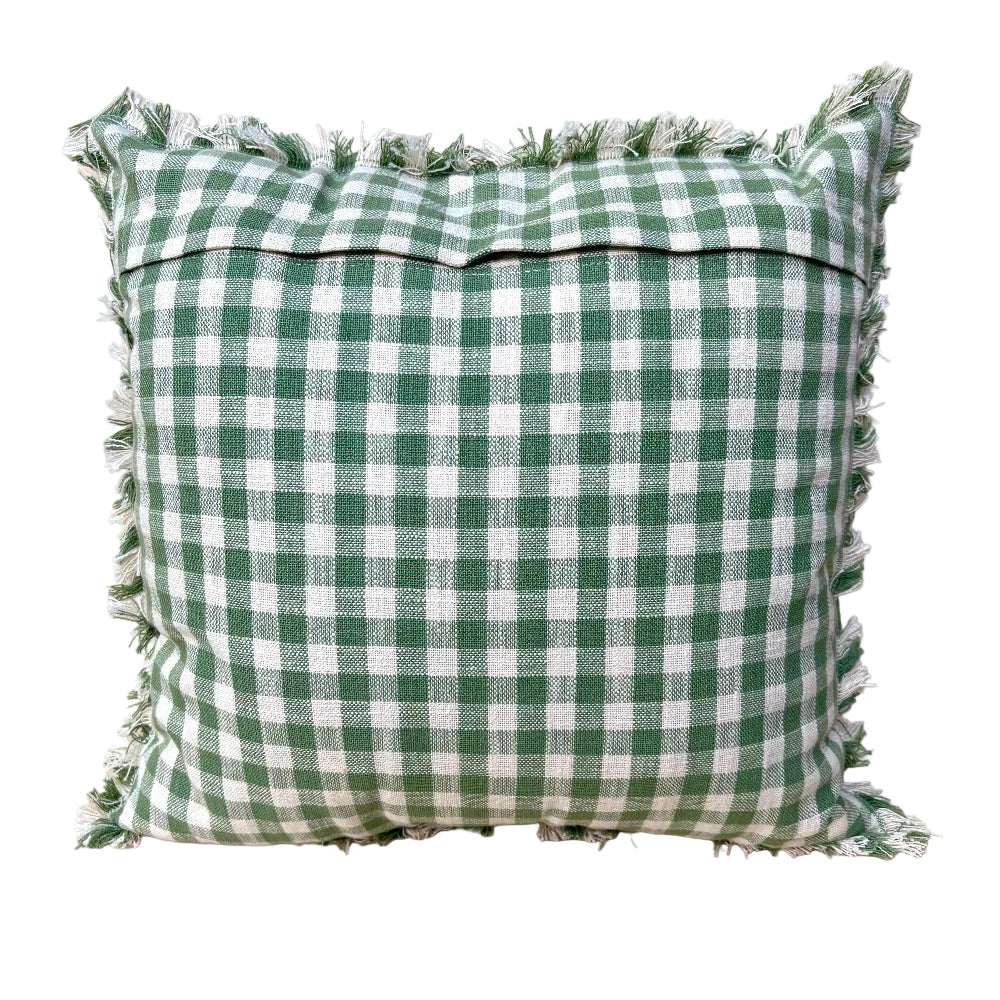 A square throw pillow in green and white gingham fabric with fringed edges, shown against a white background.