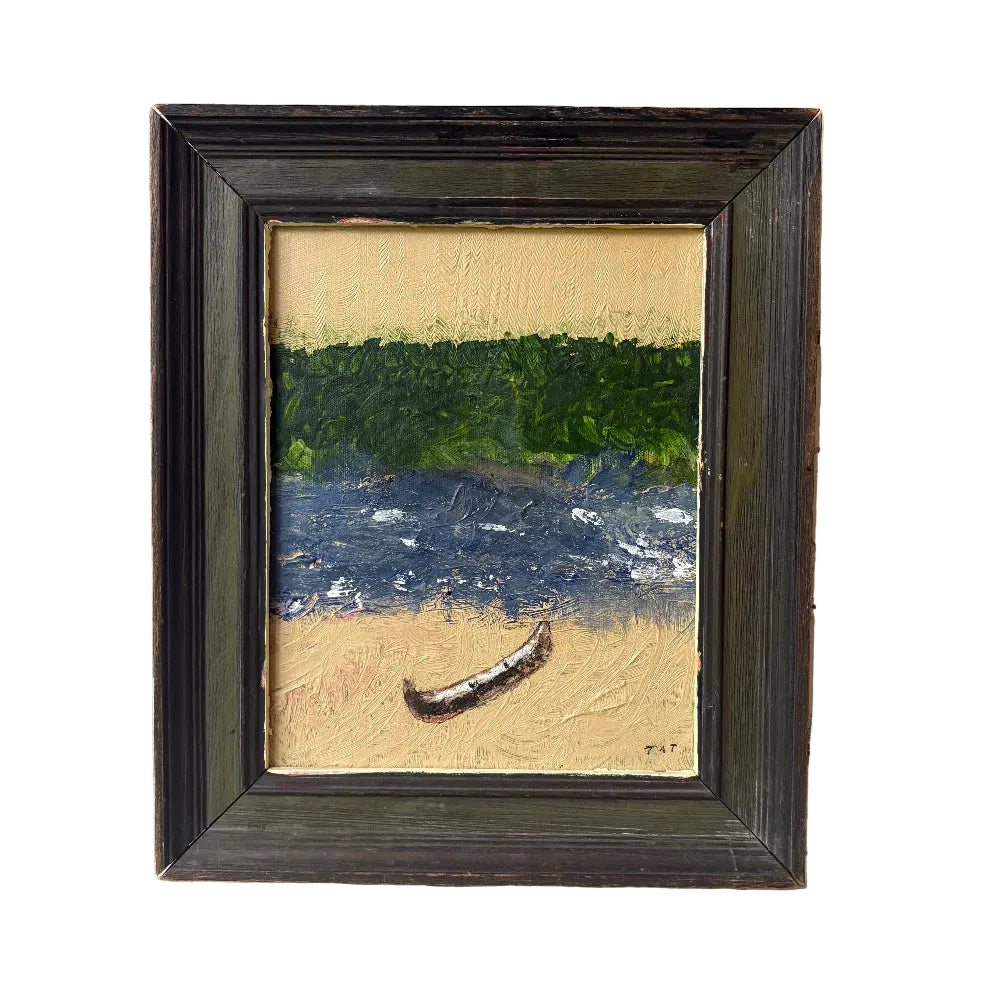 Vintage | Framed Riverside Canoe Painting