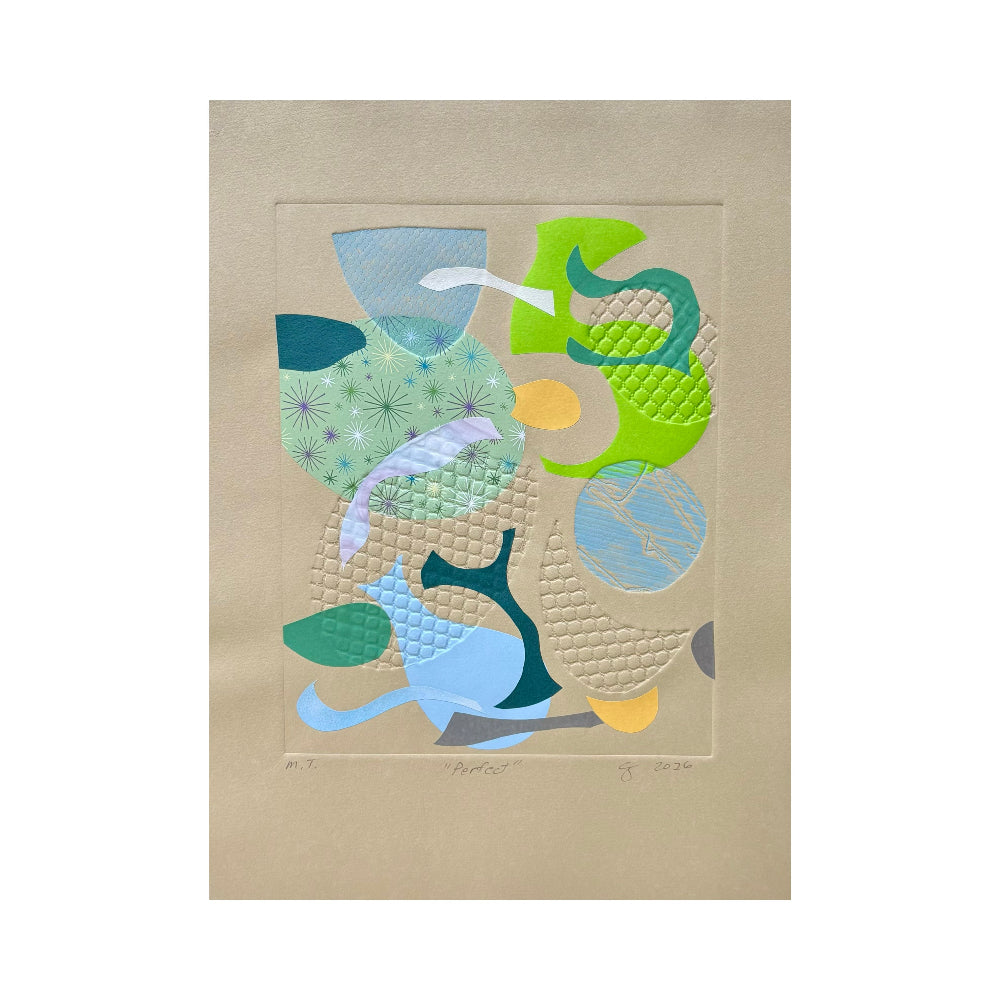 green blue collage monoprint artwork on paper