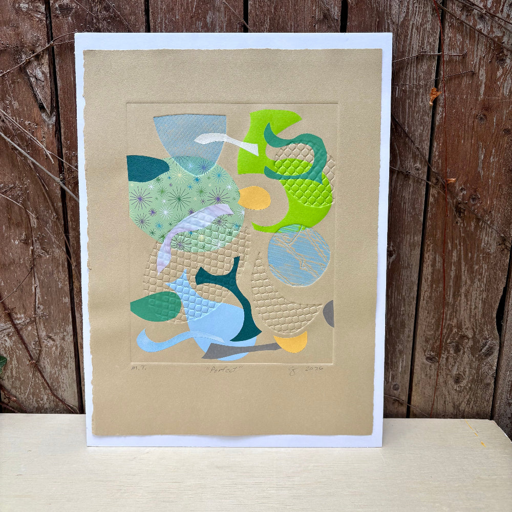 abstract green blue collage printmaking art on paper
