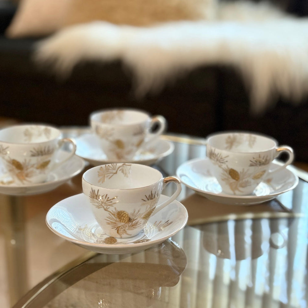 Vintage | Gold Pinecone Demitasse Cups and Saucers