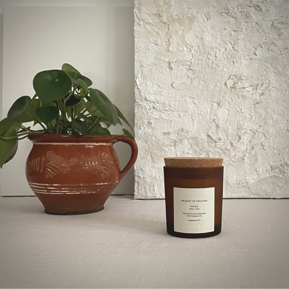 Ceramic pot with plant and candle on a neutral background